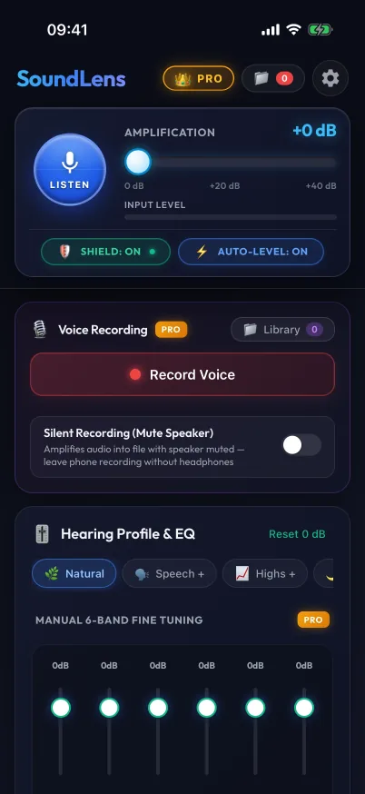 Listen screen with gain, shield and recording controls.