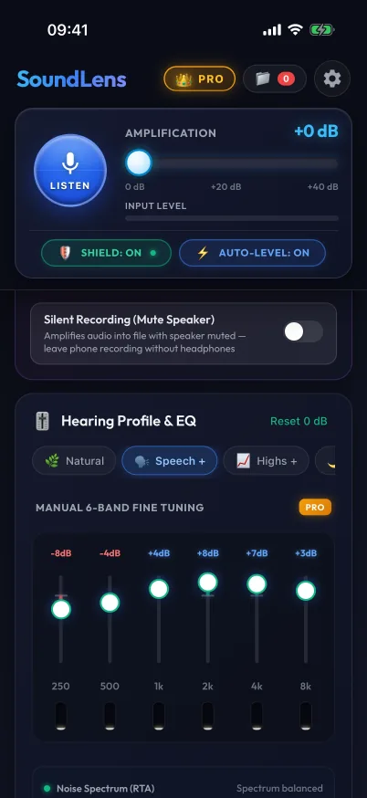 EQ screen with preset choices and six frequency sliders.