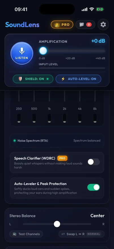 Tools screen with auto-leveler, RTA spectrum and WDRC controls.