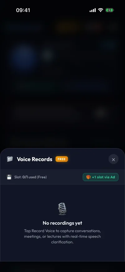 Recordings library screen with saved audio and slot information.