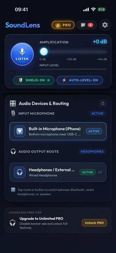 Routing screen showing microphone and output device choices.